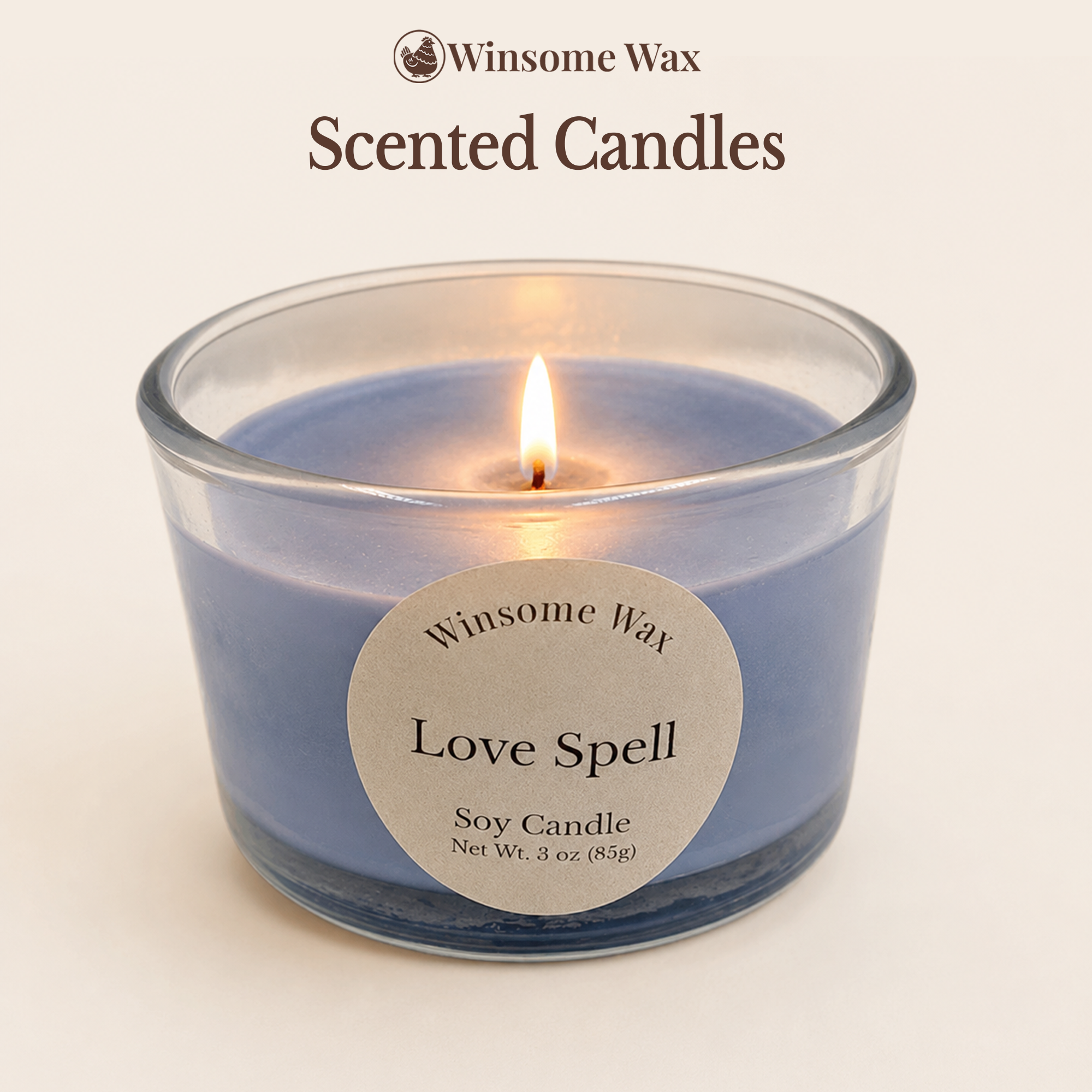 Winsome Wax Scented Candles collection featuring a hand-poured soy candle in a glass jar with a lit flame