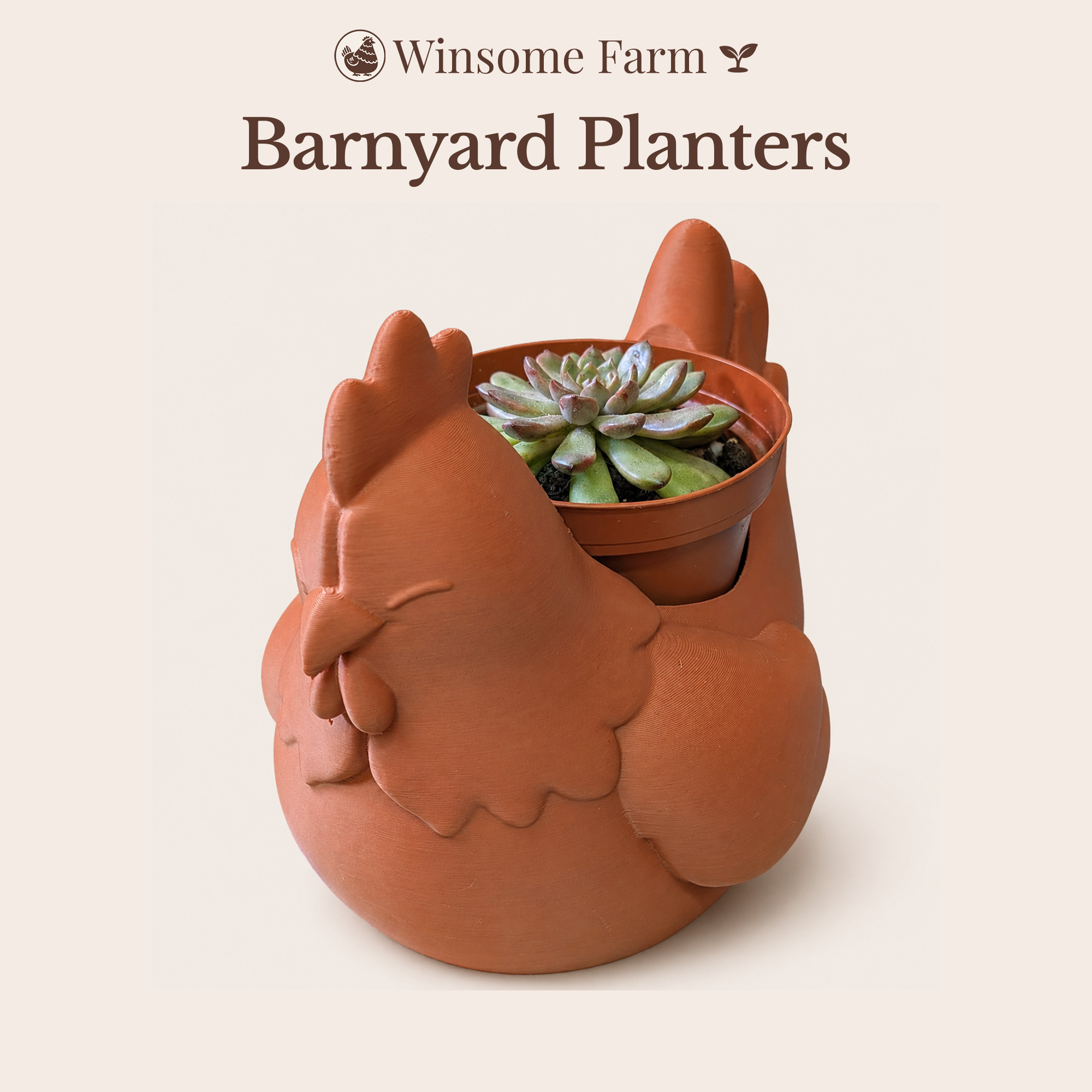 Winsome Farm Barnyard Planters collection featuring a chicken planter with a succulent in a nursery pot