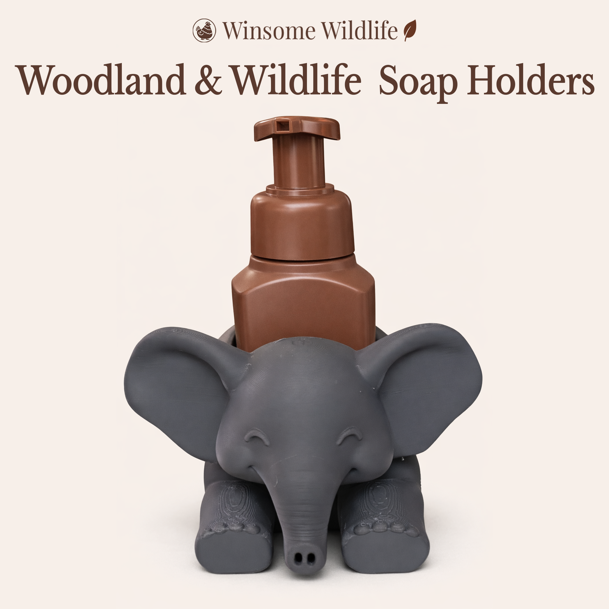 Winsome Wildlife Woodland & Wildlife Soap Holders collection featuring an elephant soap dispenser holder with a brown foaming soap bottle