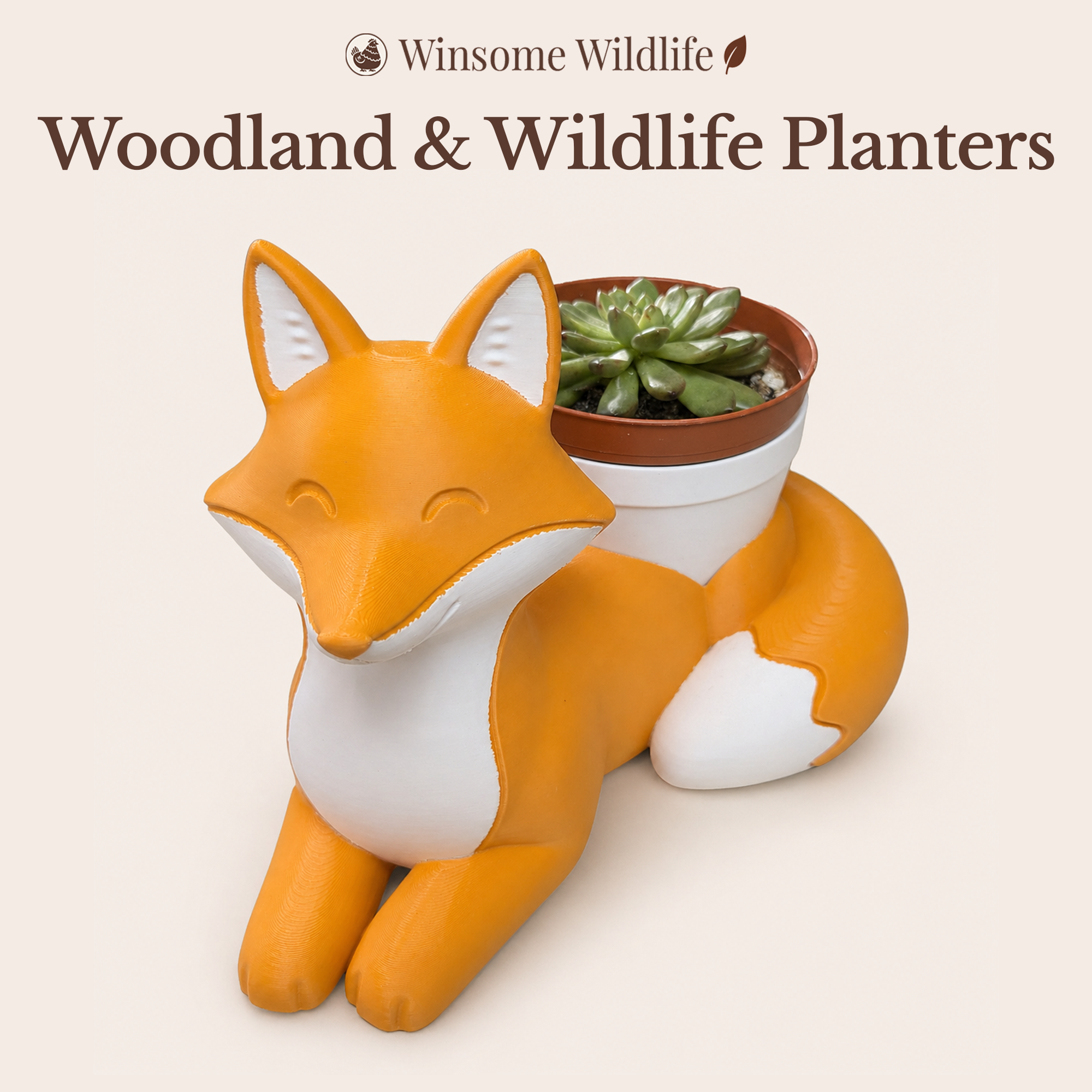 Winsome Wildlife Woodland & Wildlife Planters collection featuring a fox planter with a succulent in a nursery pot