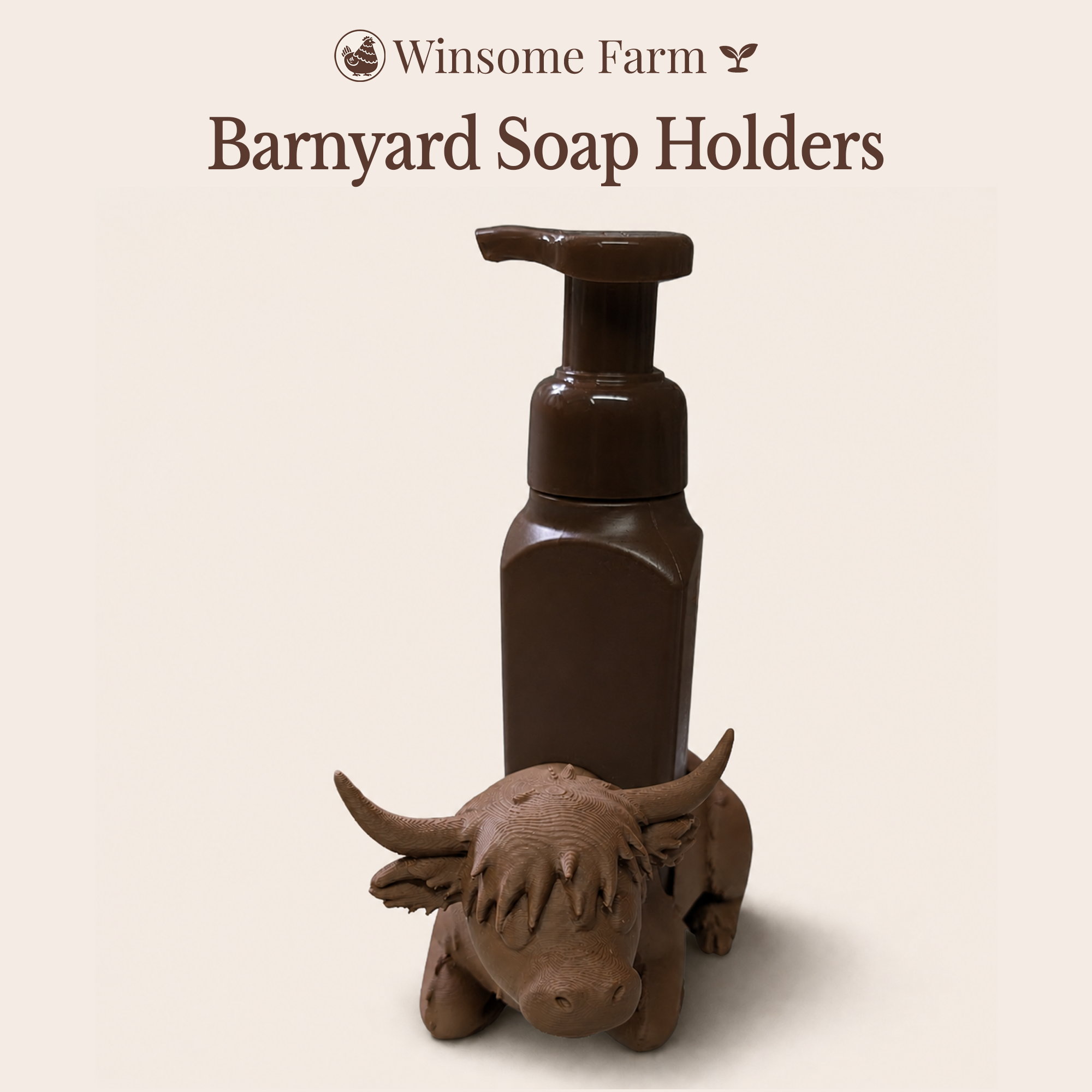 Winsome Farm Barnyard Soap Holders collection featuring a Highland cow soap dispenser holder with a brown foaming soap bottle