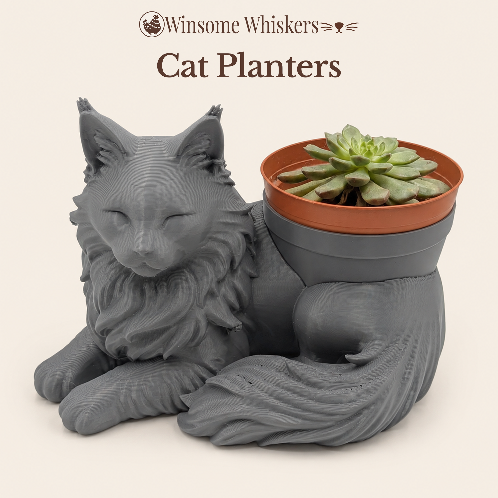 Winsome Whiskers Cat Planters collection featuring a long-haired cat planter with a succulent in a nursery pot