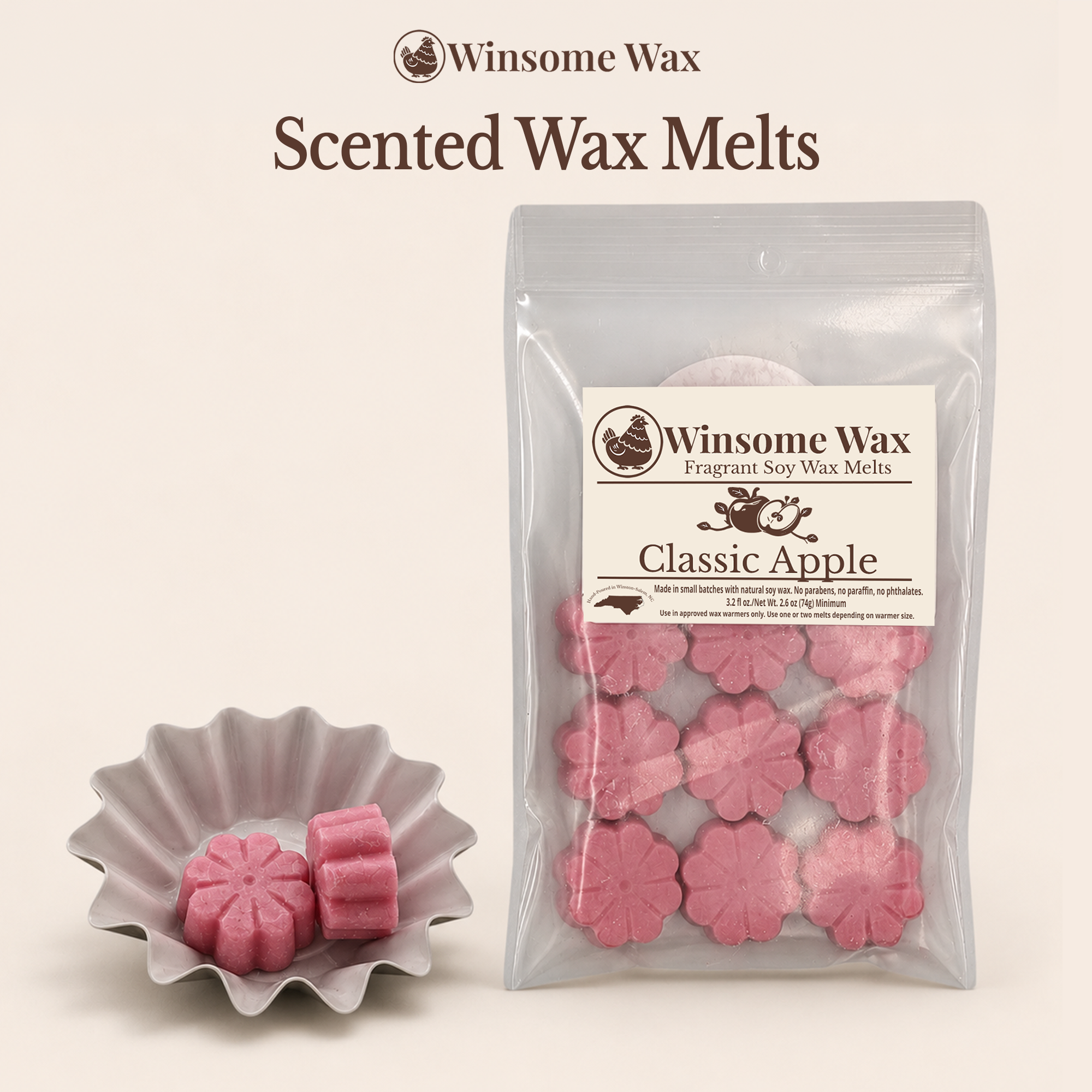 Winsome Wax Scented Wax Melts collection featuring hand-poured soy wax melts in floral shapes and decorative packaging