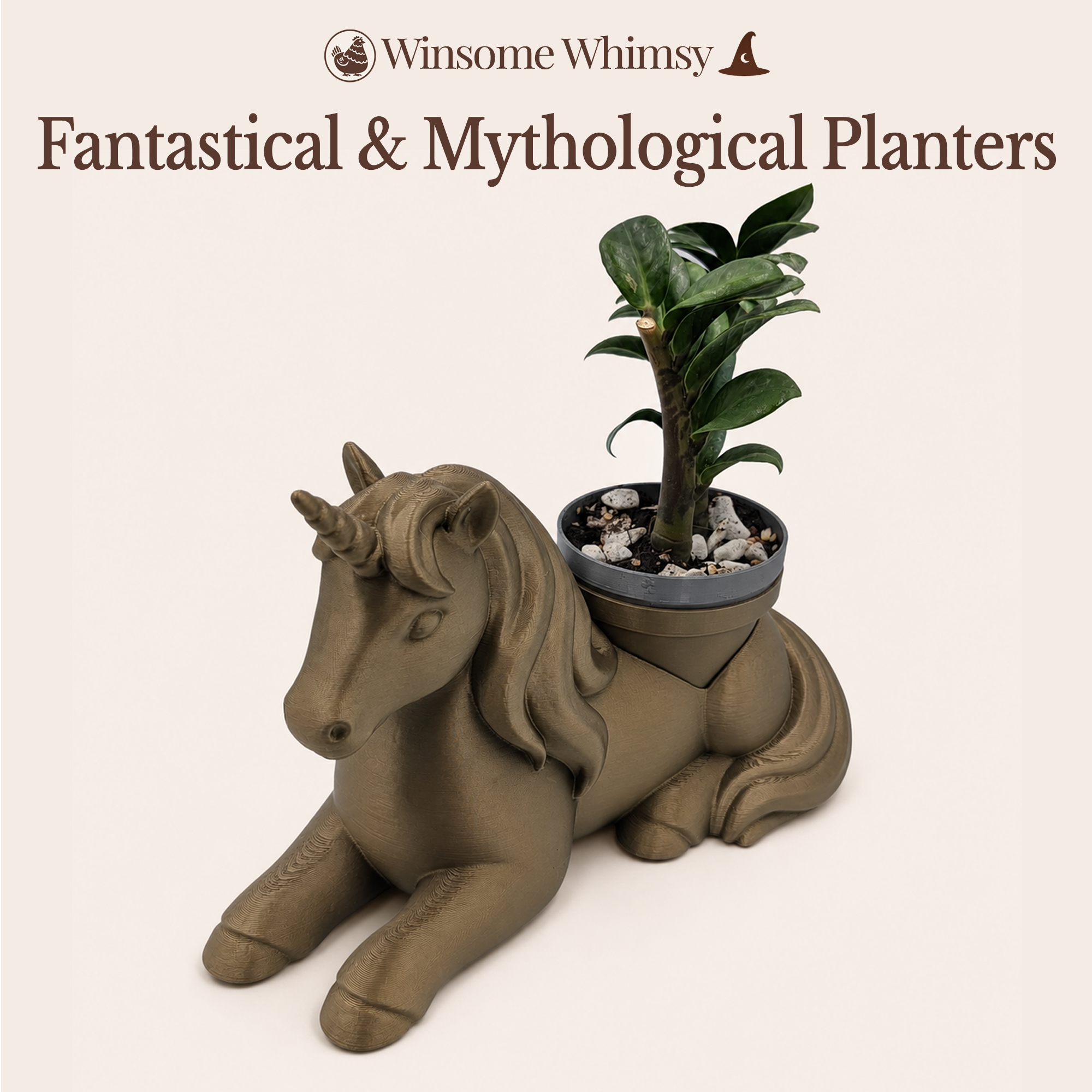 Winsome Whimsy Fantastical & Mythological Planters collection featuring a 3D printed unicorn planter holding a nursery pot with a live plant on a cream background.