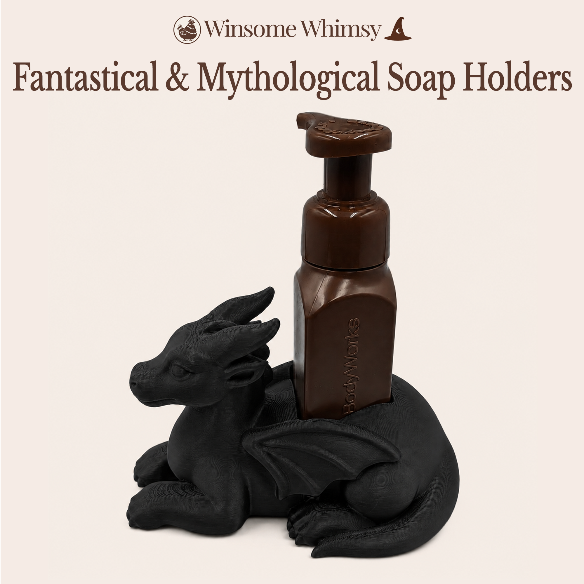 Winsome Whimsy fantasy soap dispenser holder featuring a whimsical mythical creature holding a foaming soap dispenser bottle on a cream background.