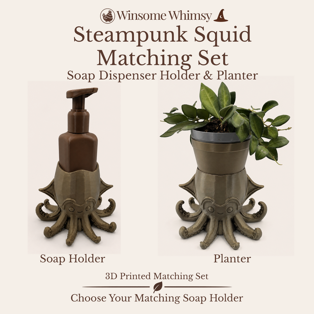 Steampunk Squid Planter and Soap Holder Set - Winsome Whimsy Bundle - Coordinated