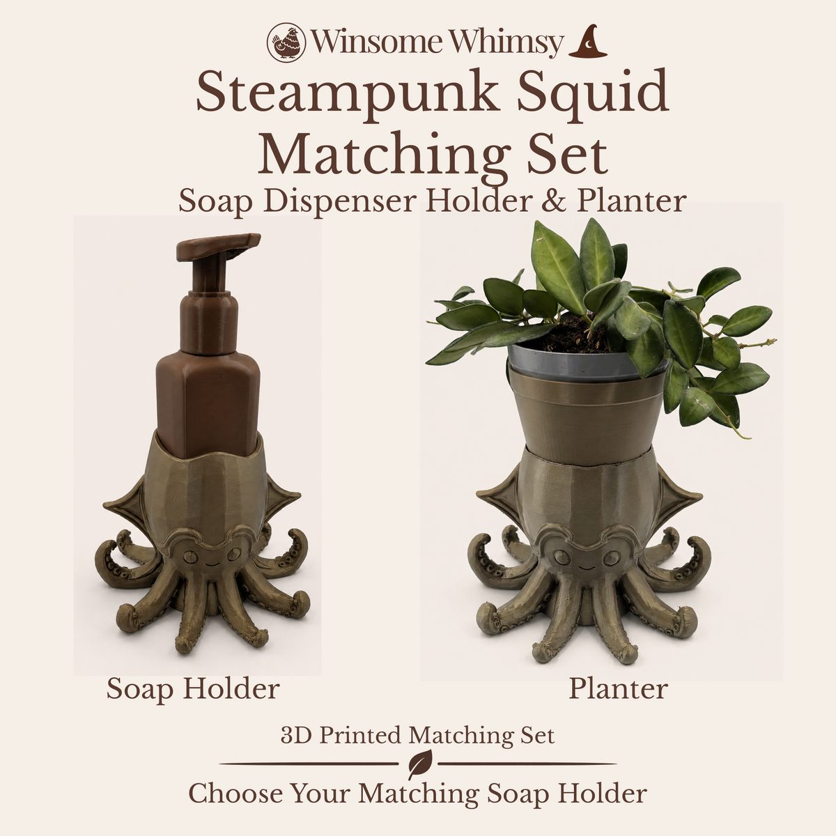 Steampunk Squid Planter and Soap Holder Set - Winsome Whimsy Bundle - Coordinated