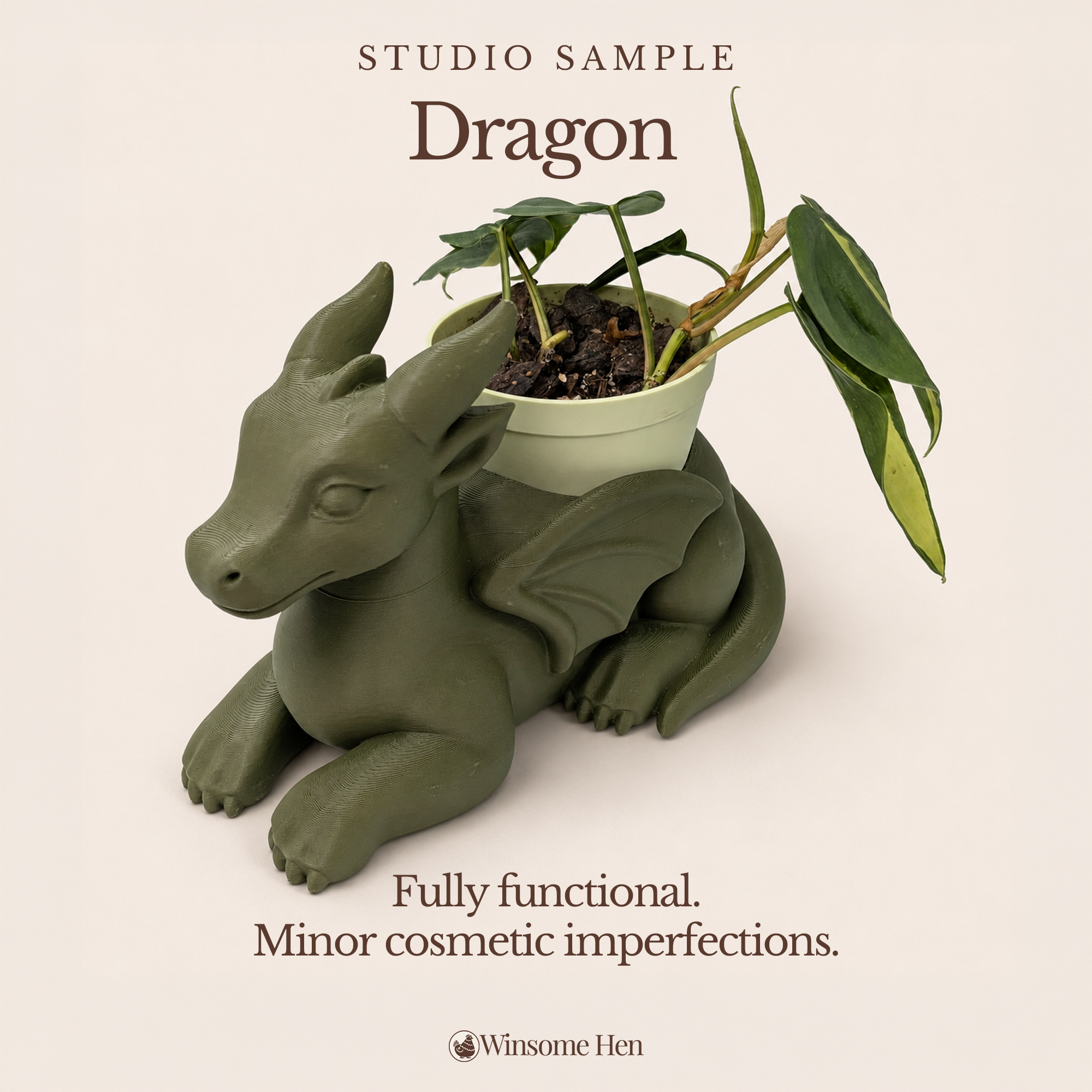 Army Green Dragon Planter - Winsome Whimsy - Studio Sample