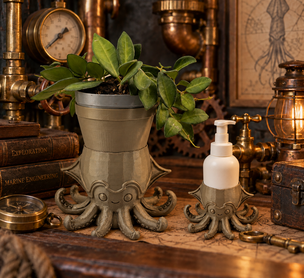 Steampunk Squid Planter and Soap Holder Set - Winsome Whimsy Bundle - Coordinated