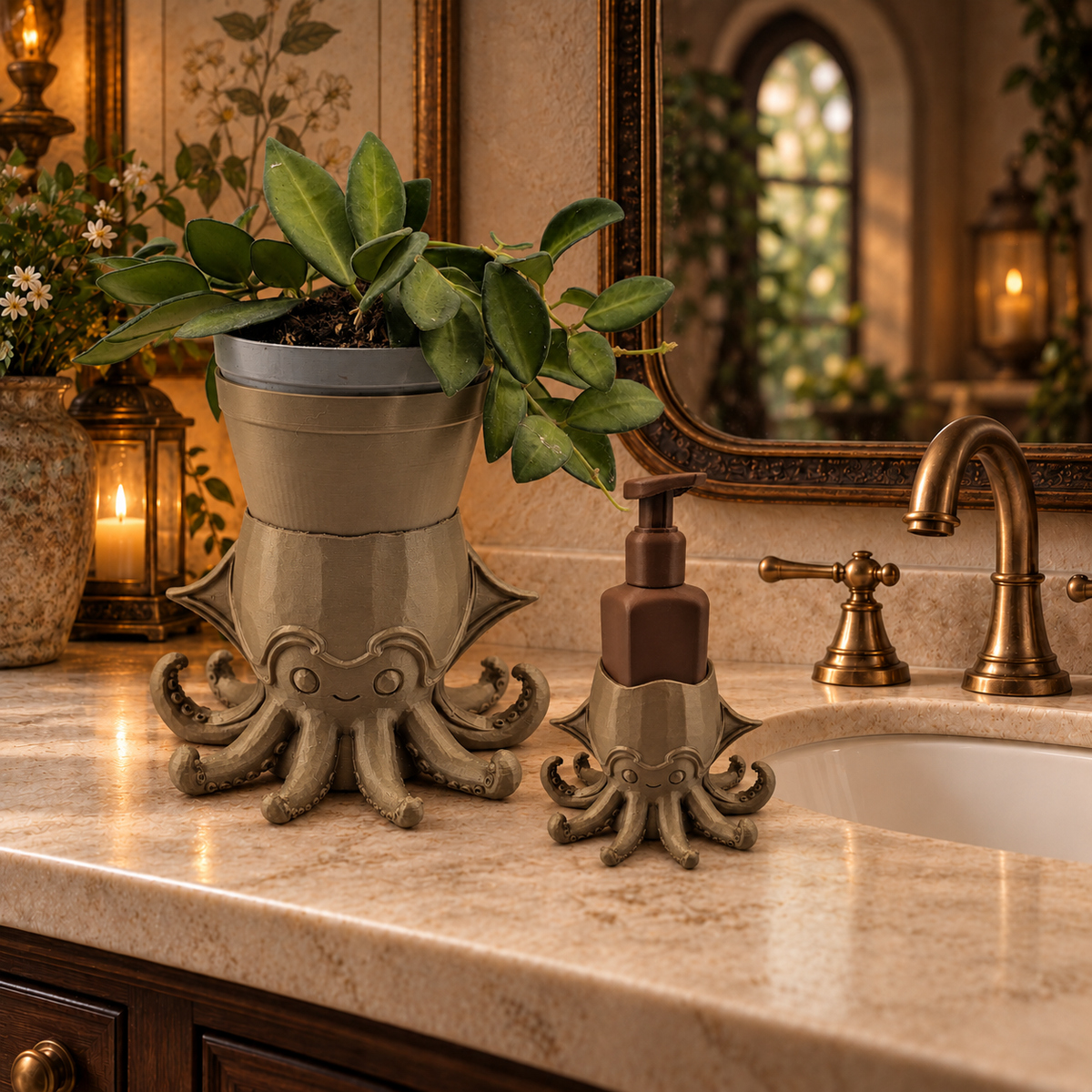 Steampunk Squid Planter and Soap Holder Set - Winsome Whimsy Bundle - Coordinated