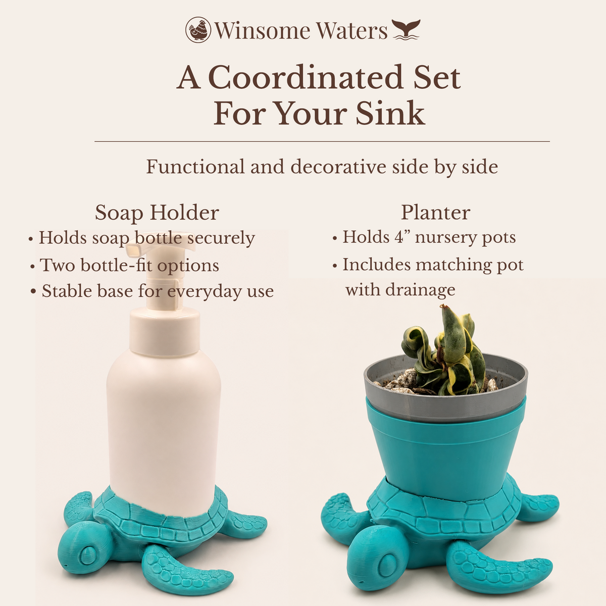 Sea Turtle Planter and Soap Holder Set - Winsome Waters Bundle - Coordinated