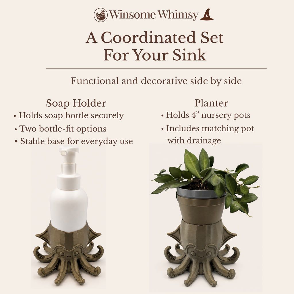 Steampunk Squid Planter and Soap Holder Set - Winsome Whimsy Bundle - Coordinated