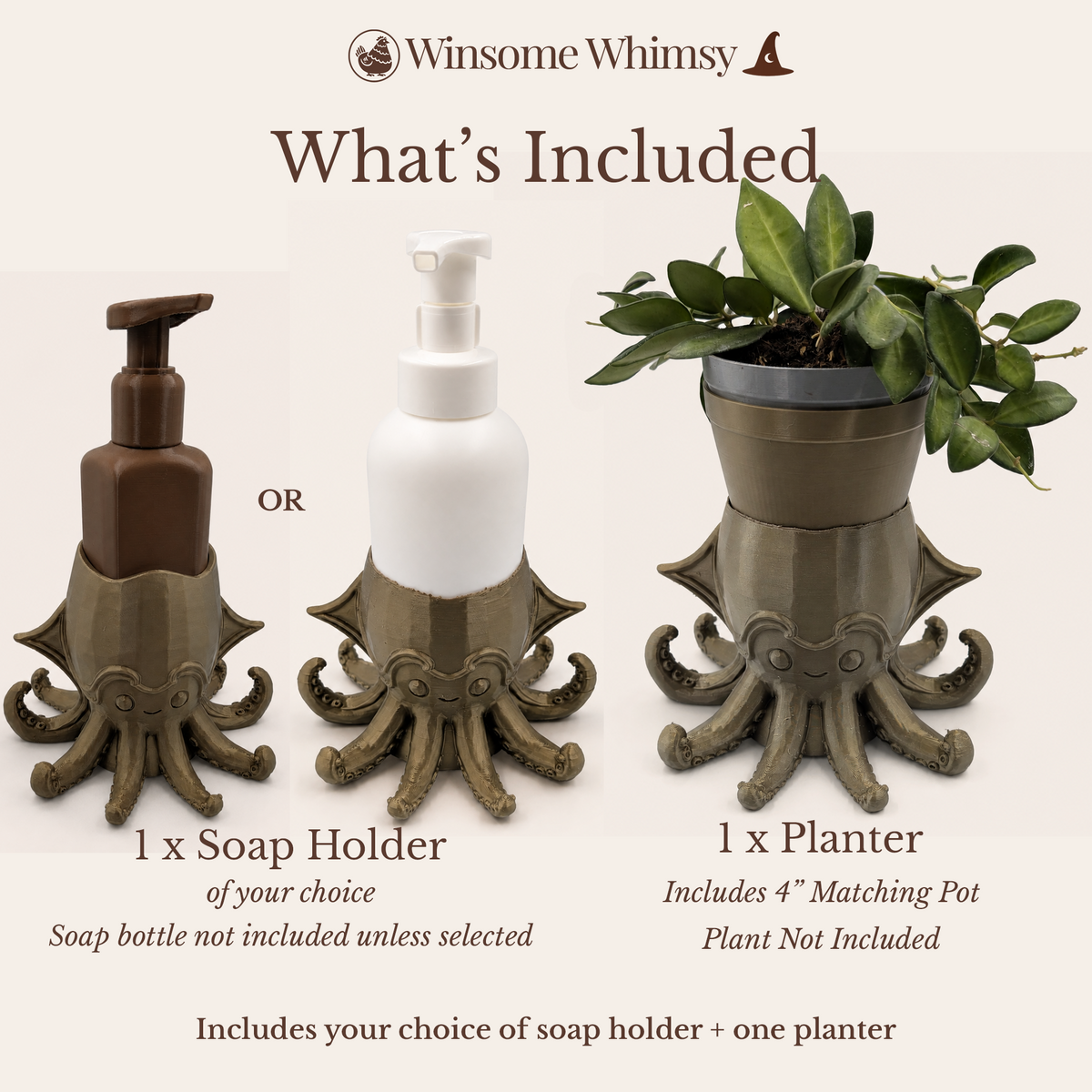 Steampunk Squid Planter and Soap Holder Set - Winsome Whimsy Bundle - Coordinated